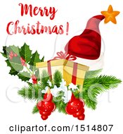 Clipart Of A Merry Christmas Greeting With A Santa Hat Gift Holy And Ornaments Royalty Free Vector Illustration
