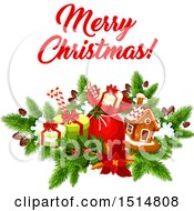 Poster, Art Print Of Merry Christmas Greeting With Gifts And A Gingerbread House