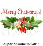 Clipart Of A Merry Christmas Greeting With Poinsettia Ornaments And A Cookie Royalty Free Vector Illustration