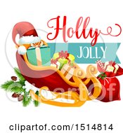 Clipart Of A Holly Jolly Christmas Greeting With Santas Sleigh Royalty Free Vector Illustration