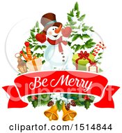 Clipart Of A Be Merry Christmas Greeting With A Snowman Royalty Free Vector Illustration