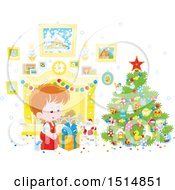 Poster, Art Print Of Happy Caucasian Boy Opening A Gift On Christmas Morning