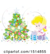 Poster, Art Print Of Happy Caucasian Girl Opening A Gift On Christmas Morning