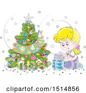 Clipart Of A Happy White Girl Opening A Gift On Christmas Morning Royalty Free Vector Illustration