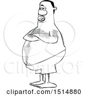 Clipart Of A Black And White Hairy Chubby Man With Folded Arms Standing In Swim Trunks Royalty Free Vector Illustration