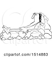 Clipart Of A Cartoon Black And White Caveman Resting On A Boulder Recliner Royalty Free Vector Illustration