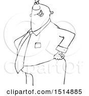 Clipart Of A Cartoon Black And White Happy Chubby Business Man With His Hands On His Hips Royalty Free Vector Illustration