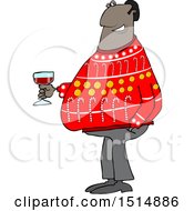 Cartoon Black Man In An Ugly Christmas Sweater Holding A Glass Of Wine