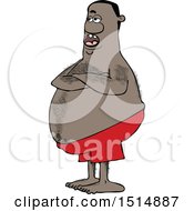 Hairy Chubby Black Man With Folded Arms Standing In Swim Trunks