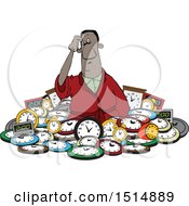 Confused Black Man In A Pile Of Clocks