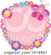 Poster, Art Print Of Round Floral Frame With A Pink Butterfly And Flowers