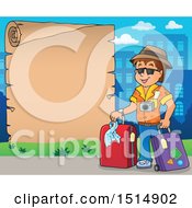 Clipart Of A Male Tourist And Blank Parchment Scroll Royalty Free Vector Illustration
