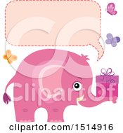 Poster, Art Print Of Pink Elephant Holding A Gift With Butterflies A Speech Balloon