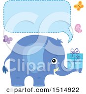 Poster, Art Print Of Blue Elephant Holding A Gift With Butterflies A Speech Balloon