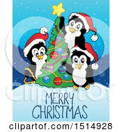 Poster, Art Print Of Merry Christmas Greeting With Penguins Decorating A Tree