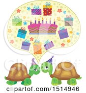 Clipart Of A Speech Balloon With A Birthday Cake And Gifts Under Turtles Royalty Free Vector Illustration