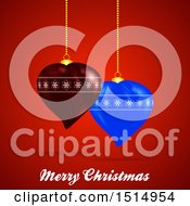 Poster, Art Print Of Merry Christmas Greeting With 3d Heart Ornaments On Red