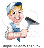 Poster, Art Print Of Cartoon Happy White Male Window Cleaner Holding A Squeegee Around A Sign