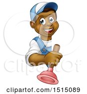 Poster, Art Print Of Cartoon Happy Black Male Plumber Holding A Plunger Around A Sign