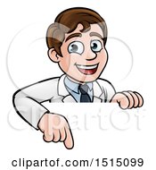 Clipart Of A Happy White Male Scientist Pointing Down Over A Sign Royalty Free Vector Illustration