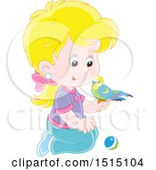 Clipart Of A Blond Caucasian Girl Kneeling With Her Pet Budgerigar Royalty Free Vector Illustration by Alex Bannykh