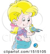 Clipart Of A Blond White Girl Kneeling With Her Pet Budgerigar Royalty Free Vector Illustration
