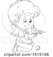 Clipart Of A Black And White Girl Kneeling With Her Pet Budgerigar Royalty Free Vector Illustration by Alex Bannykh