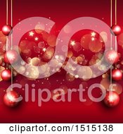 Poster, Art Print Of Red Christmas Background With Suspended Red Baubles Over Stars And Bokeh