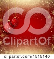 Poster, Art Print Of Red Christmas Background With Suspended Glitter Baubles On Red With Snowflakes And Glitter