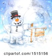Poster, Art Print Of Watercolor Snowman Leaning On A Wood Sign In A Winter Landscape