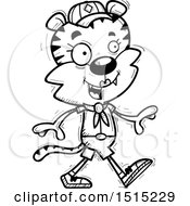 Clipart Of A Black And White Walking Female Tiger Scout Royalty Free Vector Illustration