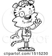 Clipart Of A Black And White Waving Female Tiger Scout Royalty Free Vector Illustration