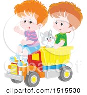 Poster, Art Print Of Cat And Caucasian Boys Playing In A Toy Dump Truck