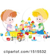 Poster, Art Print Of Caucasian Boys Playing With Toy Building Blocks And A Dump Truck