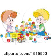 White Boys Playing With Toy Building Blocks And A Dump Truck