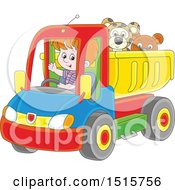 White Boy Driving A Toy Dump Truck With Stuffed Animals