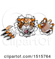 Poster, Art Print Of Vicious Tiger Mascot Slashing Through A Wall With An American Football