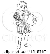 Black And White Full Length Happy William Shakespeare Holding A Scroll And Quill