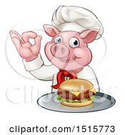 Poster, Art Print Of Chef Pig Holding A Cheese Burger On A Tray And Gesturing Okay