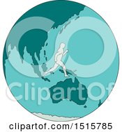 Clipart Of A Sketched Marathon Runner Over A Blue And Teal Earth Royalty Free Vector Illustration