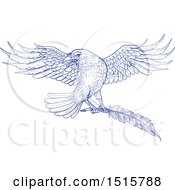Poster, Art Print Of Sketched Blue Raven Flying With A Quill
