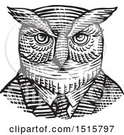 Retro Woodcut Hipster Great Horned Owl In A Suit And Tie