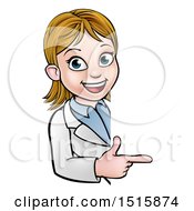 Clipart Of A Cartoon Friendly White Female Scientist Pointing Around A Sign Royalty Free Vector Illustration