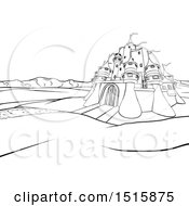 Clipart Of A Black And White Castle In A Landscape At Sunrise Royalty Free Vector Illustration