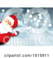 Poster, Art Print Of Cartoon Santa Peeking And Waving Over A 3d Winter Snow Background