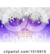 Poster, Art Print Of Merry Christmas And A Happy New Year Greeting With Snowflakes Stars And White Branches Over Purple