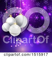 Poster, Art Print Of Christmas Background With 3d Suspended White Baubles Over Purple And Snowflakes