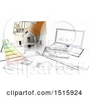 Poster, Art Print Of Half 3d Sketched Built House On Blueprints By A Computer
