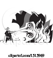 Clipart Of A Firefighter Spraying A Fire With A Hose Royalty Free Vector Illustration by xunantunich