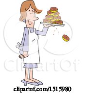 Clipart Of A Cartoon Happy Woman Holding A Tray Of Donuts One Falling Off Royalty Free Vector Illustration by Johnny Sajem